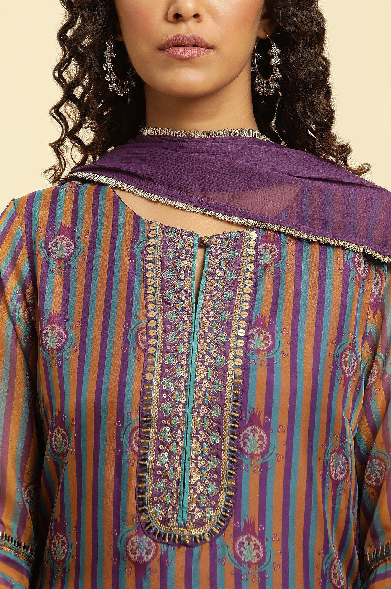 Purple Layered Suzani Printed Kurta, Tights And Dupatta Set - Image 2