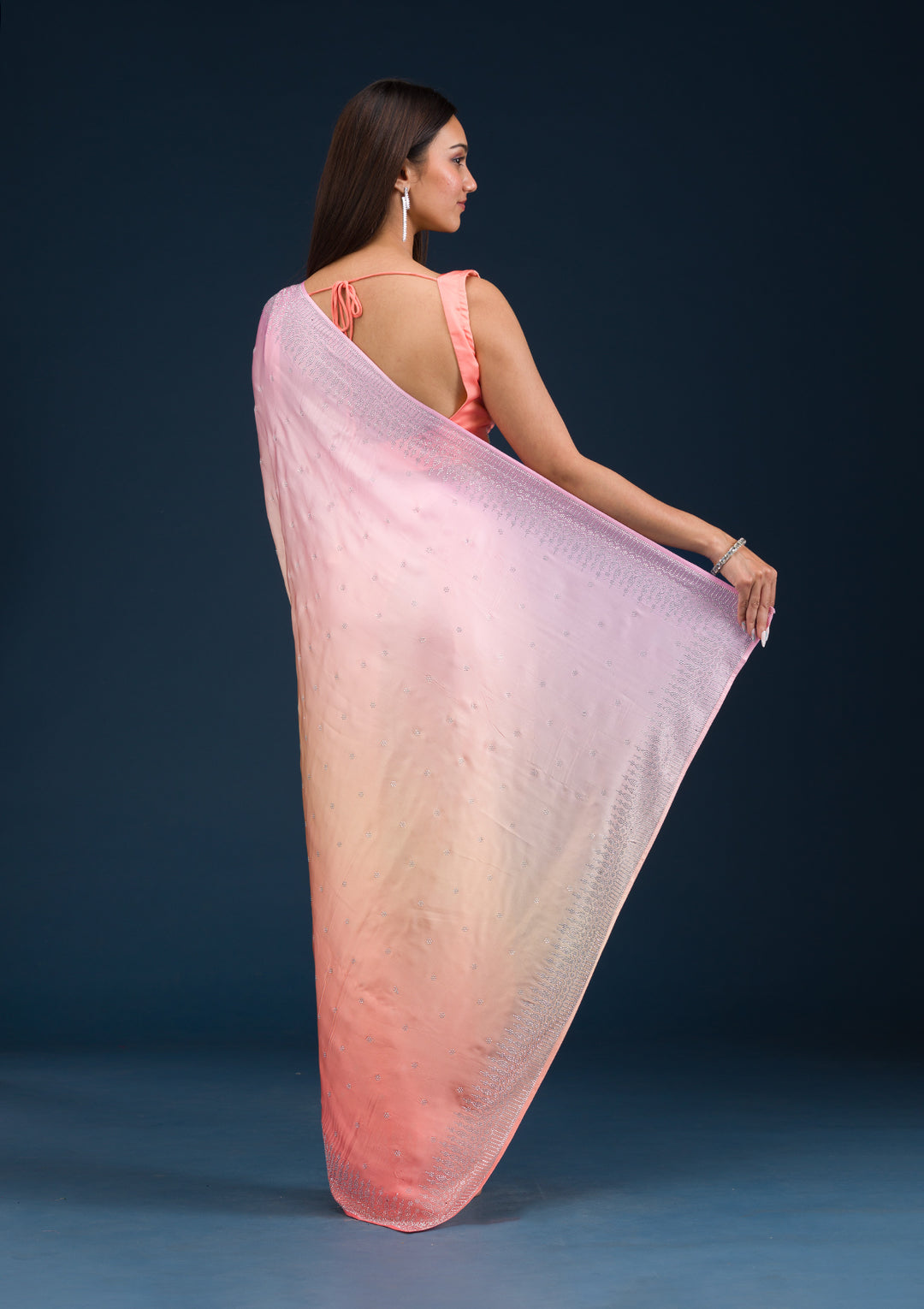 Light Orange Stonework Satin Saree - Image 7