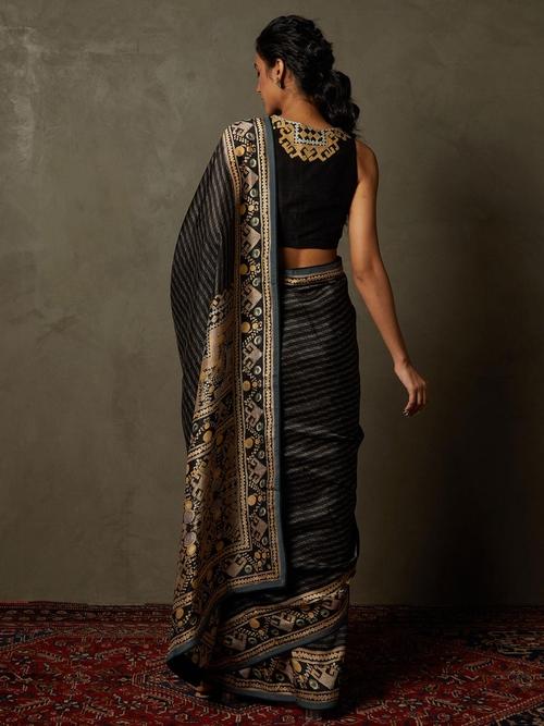 Black & Beige Noni Saree With Stitched Blouse - Image 3